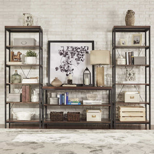 New modhaus living industrial rustic style black metal frame 6 tier 26 inches horizontal bookshelf storage media tower dark brown finish living room decor includes pen 26 inches wide