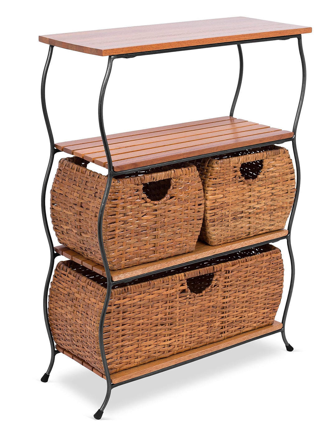The best birdrock home industrial 4 tier shelving unit with rattan woven baskets delivered fully assembled wooden freestanding shelves with storage bins decorative living room shelf