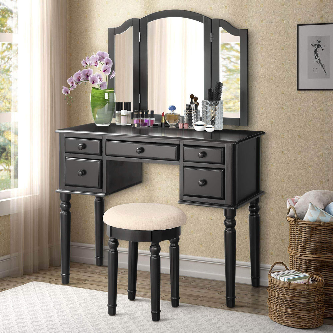 Harper & Bright Designs Vanity Set with 5 Drawers Make Up Vanity Table Make-up Dressing Table Desk Vanity with Mirror and Cushioned Stool for Women/Girls (Black)