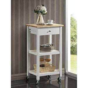 Contemporary Style Kitchen Serving Rolling Cart Wooden Frame with 1 Pull Out Storage Drawer and 2 Bottom Shelves | White Finish