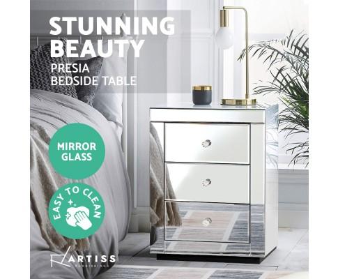 Artiss Mirrored Bedside table Drawers Furniture Mirror Glass Presia Silver