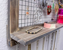 Load image into Gallery viewer, Heavy duty socal buttercup rustic jewelry organizer wall mount with bracelet pegs necklace holder earring hanger hanging mounted wooden shelf to display earrings necklaces and accessories from