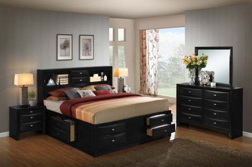 Blemerey 110 Black Wood Storage Bed Group  King Bed  Dresser  Mirror  2 Night Stands