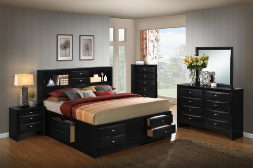 Blemerey 110 Black Wood Storage Bed Group  Queen Bed  Dresser  Mirror  Night Stand  Chest