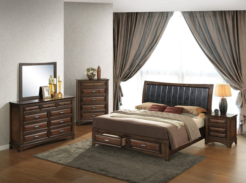 Broval 179 Light Espresso Finish Wood Bed Room Set, King Storage Bed, Dresser, Mirror, Night Stand, Chest