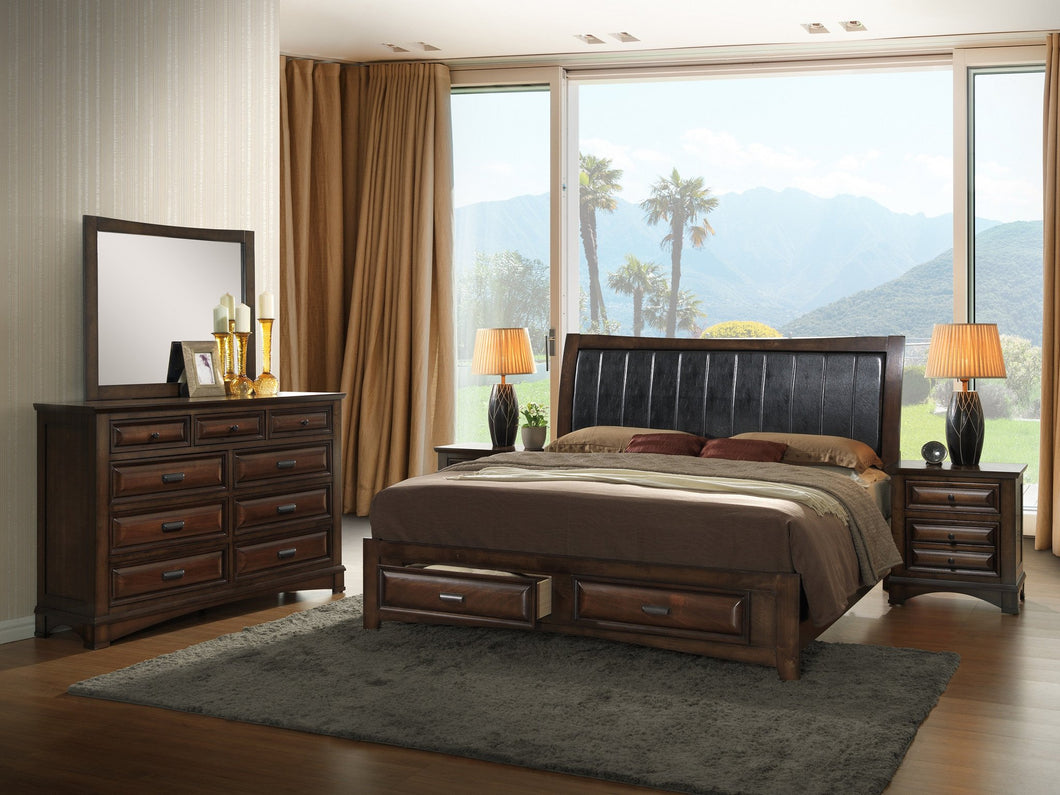 Broval 179 Light Espresso Finish Wood Bed Room Set, Queen Storage Bed, Dresser, Mirror, 2 Night Stands