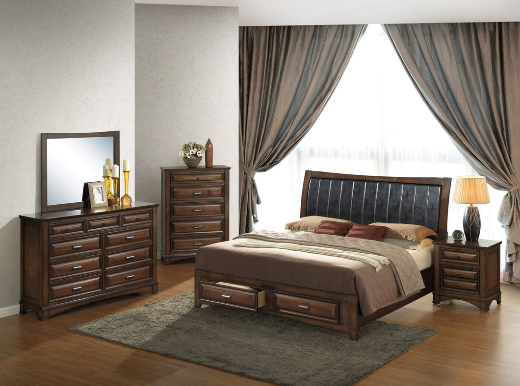 Broval 179 Light Espresso Finish Wood Bed Room Set, Queen Storage Bed, Dresser, Mirror, Night Stand, Chest