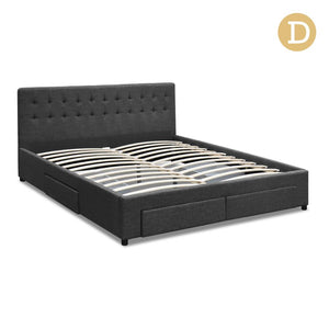 Artiss Double Size Fabric Bed Frame Headboard with Drawers  - Charcoal