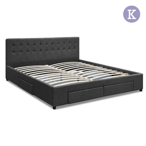 Artiss King Size Fabric Bed Frame Headboard with Drawers  - Charcoal