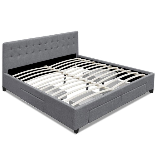 KING Bed Frame with 4 Storage Drawers AVIO Fabric Headboard Wooden