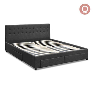 Artiss Queen Size Fabric Bed Frame Headboard with Drawers  - Charcoal