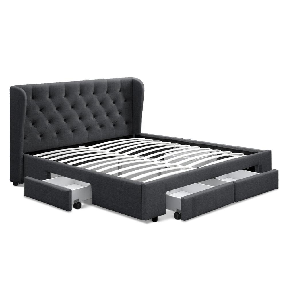 Artiss Queen Size Bed Frame Base Mattress With Storage Drawer Charcoal Fabric MILA