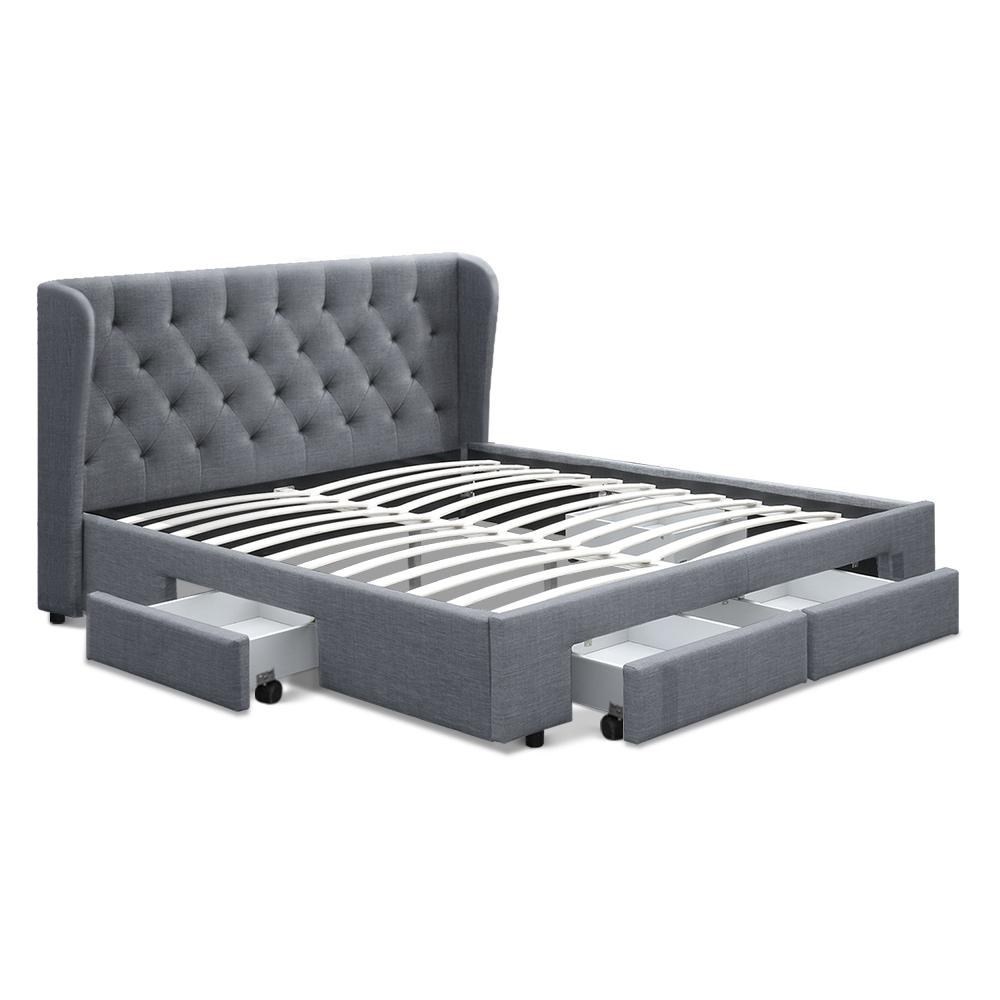 Queen Size Bed Frame Base Mattress With Storage Drawer Grey Fabric
