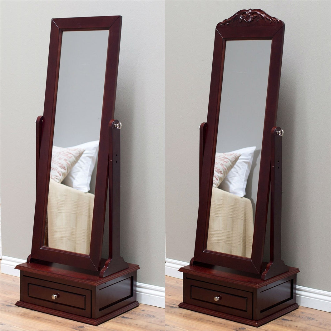 Full Length Tilting Cheval Mirror in Cherry Wood Finish with Storage Drawer