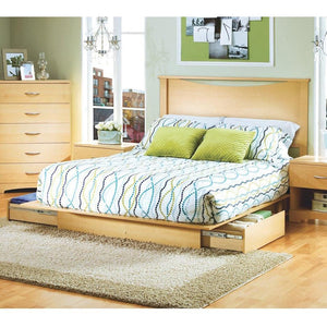Full / Queen Platform Bed with Storage Drawers and Headboard in Natural