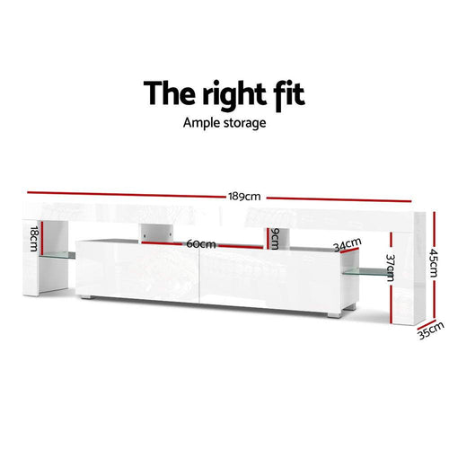 189cm RGB LED TV Stand Cabinet Entertainment Unit Gloss Furniture Drawers Tempered Glass Shelf White