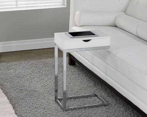 CHROME METAL / GLOSSY WHITE ACCENT TABLE WITH A DRAWER
