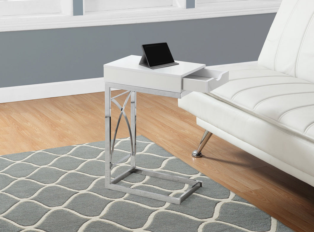 CHROME METAL FRAME GLOSSY WHITE ACCENT TABLE WITH A DRAWER