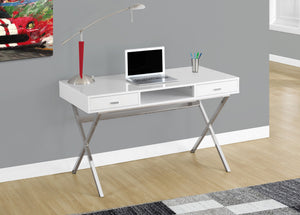 48" GLOSSY WHITE TOP AND CHROME METAL FRAME COMPUTER DESK WIT DRAWER