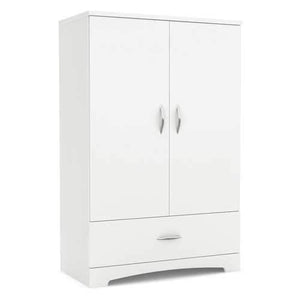 2-Door Armoire Wardrobe Cabinet with Bottom Storage Drawer in White Wood Finish