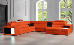 Divani Casa Polaris Collection 167" 5-Piece Sectional Sofa with Bonded Leather Upholstery, Decorative Lights, Side Drawer and Shelf in Orange