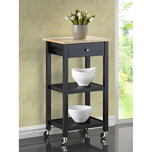 Contemporary Black Wood Kitchen Serving Rolling Cart with One Pull Out Storage Drawer and Two Bottom Shelves