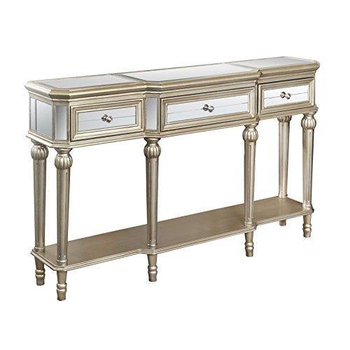 Contemporary Glass Sofa Table Console with Wood Frame with Mirrored Panel Insert 3-Storage Drawers | Bottom Shelf, Goldtone Finish