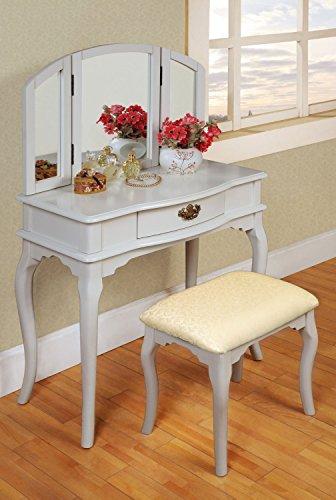 Contemporary Style Wooden Accent Curved Legs Tri-Folding Mirror Make-Up Vanity Dresser Table and Beige Upholstery Fabric Stool Set with Sinlge Storage Drawer | Rectangle, White Finish, Bedroom Furniture