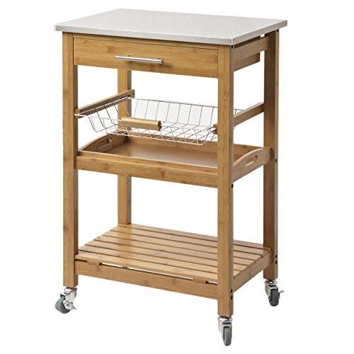 Contemporary Bamboo Kitchen Rolling Cart Stainless Steel Top with 1 Pull Out Storage Drawer, Wire Basket and Bottom Shelf