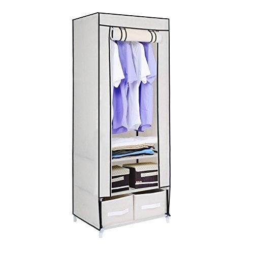 HST Mall Single Canvas Wardrobe with 2 Storage Drawers for Clothes Storage Cupboard Hanging Rail Shelves 160 x 59 x 43cm Beige