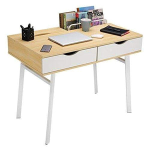 LANGRIA Modern Minimalist Large Computer Desk with 2 Drawers 2 Built-in Storage Compartments Sturdy Metal Legs Laptop Study Workstation for Home Office (39 x 23 x 29.5 in, Natural Wood & White)