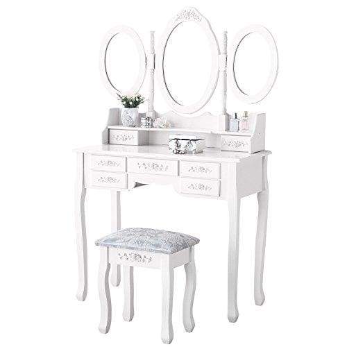 mecor Dressing Table, Premium Shabby Chic 3 Mirrors 7 Drawers & Stool Makeup Desk Set