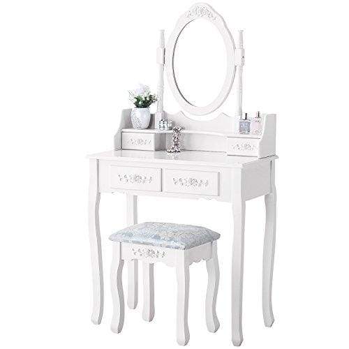 mecor Luxury White Dressing Table With Mirror and Stool, vanity table Set 4 Drawers Bedroom Dresser