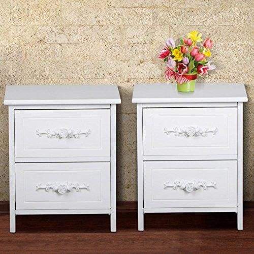 Popamazing Pair of 2 Drawers Shabby Chic French White Wood Bedside Tables Unit Wooden Nightstand Cabinets with Storage Drawers