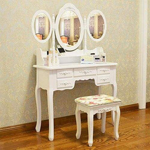 Quieting White Dressing Table Makeup Desk With Stool and Mirror Wooden Shabby Chic Makeup Desk Set 7 Drawers
