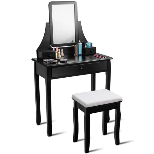 Square Mirrored Vanity Dressing Table Set with 3 Storage Boxes-Black