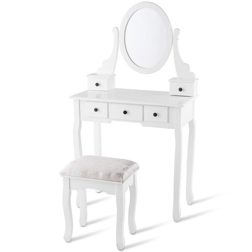 Dressing Table Set with Oval Mirror, Stool and 5 Storage Drawers