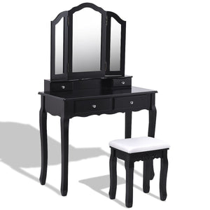 Tri Folding Mirror Vanity Table Stool Set with 4 Drawers-Black