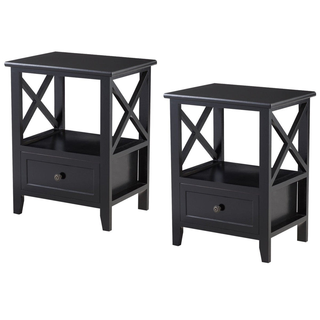 2 pcs Living Room End Side Nightstands with Storage Drawer-Black