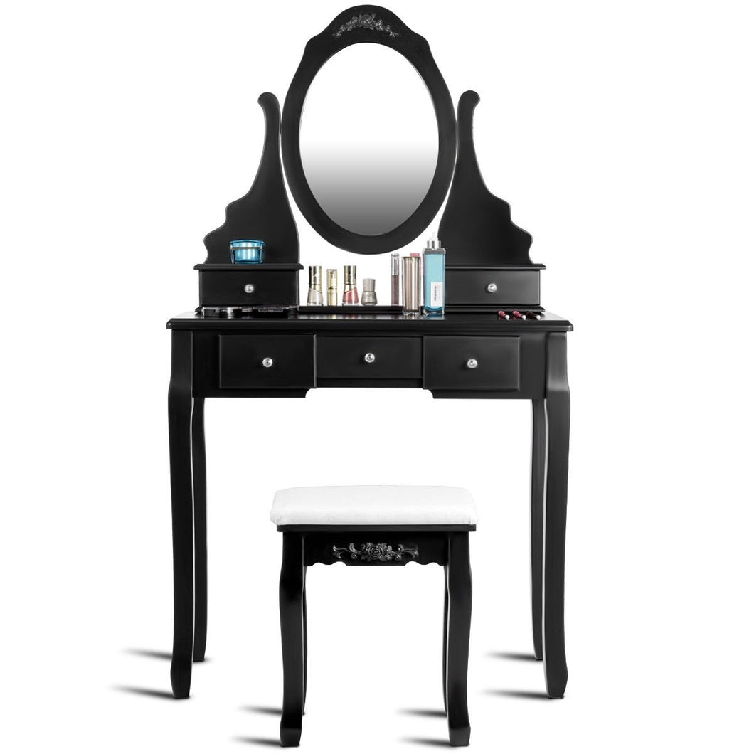 Mirrored Jewelry Wooden Vanity Table Set with 5 Drawers-Black