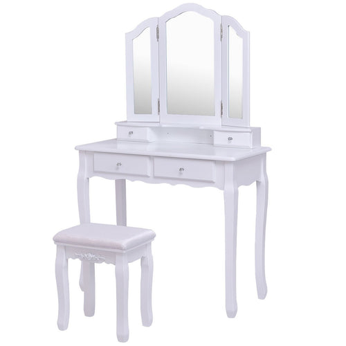 Tri Folding Mirror Vanity Table Stool Set with 4 Drawers-White