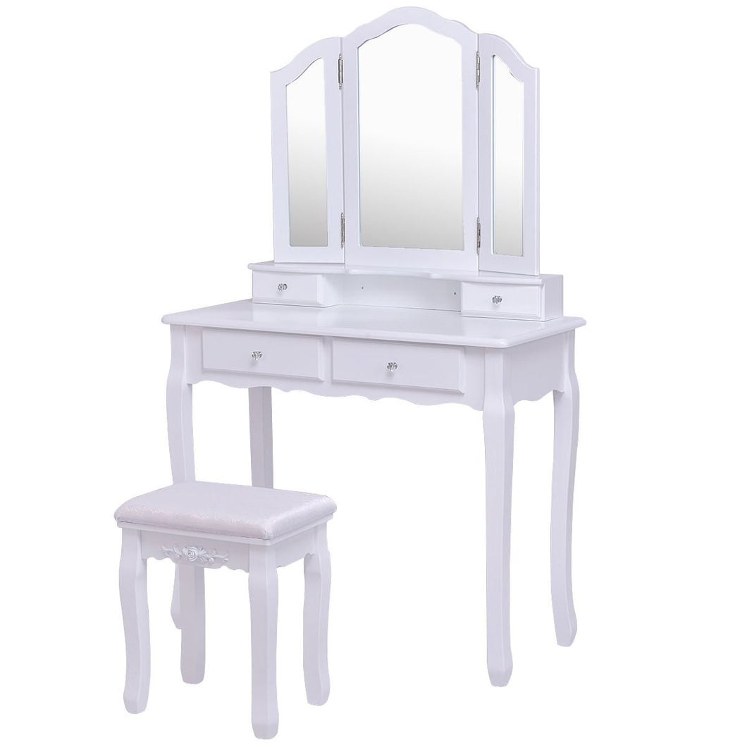 Tri Folding Mirror Vanity Table Stool Set with 4 Drawers-White